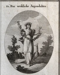 Allegorie der Jugend (Teenager) dargestellt durch eine junge Frau mit einer Krone und einem Blumenkranz, um glückliche Glückseligkeit zu zeigen. Der Pfau versteht die Liebe zum Schmuck. Ihr Fuß steht auf einer Sanduhr. Gravur in "Iconologie oder Ideen aus 