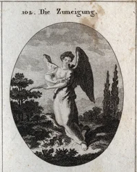 Allegorie der Zuneigung oder Freundlichkeit. Sein Attribut ist die Eidechse, Symbol seiner Freundlichkeit und natürlichen Zuneigung zu den Menschen. Gravur in „Iconologie oder Ideen aus dem Gebiete der Leidenschaften und Allegorien bildlich dargestellt für