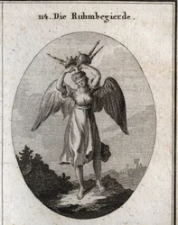 Allegorie des Ehrgeizes. Ihre Flügel zeigen ihre Neigung zum Aufstieg und ihre Kühnheit wird durch verschiedene Arten von Kronen und Zeptern dargestellt. Die Augenbinde unterstreicht ihren Mangel an Urteilsvermögen und ihre Blindheit gegenüber allem, was s