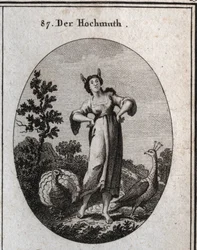 Allegorie der Arroganz. Ihre Eselsohren kennzeichnen Unwissenheit und ihre Haltung zeigt ihren Stolz. Der Pfau ist ein Symbol des Stolzes und der Truthahn, der das Rad schlägt, ist das der Dummheit. Gravur in „Iconologie oder Ideen aus dem Gebiete der Leid
