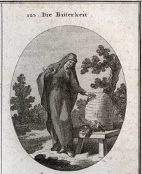 Allegorie der Bitterkeit. Sie schaut traurig auf eine Wermutpflanze, die in einem Honigbienenstock keimt. Gravur in „Iconologie oder Ideen aus dem Gebiete der Leidenschaften und Allegorien bildlich dargestellt für Zeichner, Maler, Dichter, Gelehrte, Erzieh