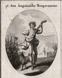 Allegorie des sanguinischen Temperaments. Die Ziege, die Trauben frisst, zeigt, dass das Blut zu den Freuden der Liebe und des Bacchus gebracht wird. Gravur in „Iconologie oder Ideen aus dem Gebiete der Leidenschaften und Allegorien bildlich dargestellt fü