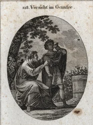 Allegorie der Vorsicht beim Genießen. Ein Philosoph warnt uns, dass der Weinstock drei Arten von Trauben produziert: die des Vergnügens, die der Trunkenheit und die des Schmerzes und Wahnsinns. Gravur in „Iconologie oder Ideen aus dem Gebiete der Leidensch
