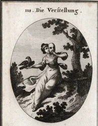 Allegorie der Verstellung. Sie bedeckt ihr Gesicht mit einer Maske, dem Emblem des Falschen. Ihr Attribut ist eine Elster, sowohl weiß als auch schwarz, und ihre Liebkosungen sind mit Schnäbeln vermischt. Gravur in „Iconologie oder Ideen aus dem Gebiete de
