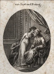 Allegorie von List und Täuschung. Ausdruck: Wer dir mehr Zärtlichkeiten als gewöhnlich gibt, hat dich entweder betrogen oder will dich täuschen. Gravur in 