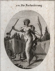Allegorie der Nachahmung. Die Trompete und die Palme symbolisieren die Belohnung, die dem Verdienst zugeschrieben wird. Die Attribute sind zwei Hähne, die bereit sind zu kämpfen. Gravur in „Iconologie oder Ideen aus dem Gebiete der Leidenschaften und Alleg