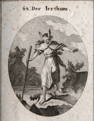 Allegorie des Irrtums in einer taumelnden Haltung mit einer Augenbinde und Eselsohren, um zu zeigen, dass Blindheit und Unwissenheit die Quellen des Irrtums sind. Sie bewegt sich auf einen Abgrund zu und tastet mit ihrem Stock. Gravur in „Iconologie oder I