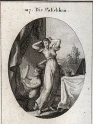 Allegorie der Falschheit. Ihr Emblem ist eine Sirene, die sich in einem Spiegel betrachtet. Gravur in „Iconologie oder Ideen aus dem Gebiete der Leidenschaften und Allegorien bildlich dargestellt für Zeichner, Maler, Dichter, Gelehrte, Erzieher und Freunde