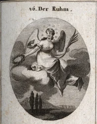Allegorie des Ruhms auf einer Wolke. Sie hält eine Palme und präsentiert Lorbeerkränze, mit denen sie ihre Favoriten belohnt. Ihre Flügel markieren ihre Erhebung. Gravur in „Iconologie oder Ideen aus dem Gebiete der Leidenschaften und Allegorien bildlich d