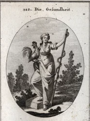 Allegorie der Gesundheit, dargestellt durch eine kräftige Frau, die einen Hahn hält, ein dem Äskulap, dem Gott der Medizin, geweihtes Tier. Sie hält einen Stab, um den sich eine Schlange windet, ein Tier, das sich häutet und für Krankheiten am wenigsten