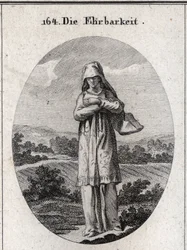 Allegorie der Ehrlichkeit. Ihre Augen sind von einem Schleier bedeckt, der die Hälfte ihres Gesichts verbirgt, weil die Augen der Spiegel der Seele sind und der erste Sinn, durch den sie sich korrumpiert.