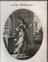 Allegorie der Heuchelei, die ein Gebetbuch und eine Disziplin (Geißel, Peitsche) hält. Die Trompete, die sie auf ihrer Schulter hat, zeigt, dass sie ihre guten Werke mit Nachdruck veröffentlicht. Gravur in „Iconologie oder Ideen aus dem Gebiete der Leidens