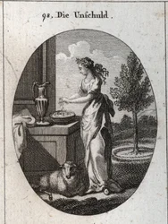 Allegorie der Unschuld, gekrönt mit einer Palme, um zu zeigen, dass die Zeit sie über die Verleumdung triumphieren lässt, die sie unterdrücken will. Ihr Symbol ist das Lamm. Händewaschen dient dazu, sich öffentlich von falschen Anschuldigungen zu entlasten