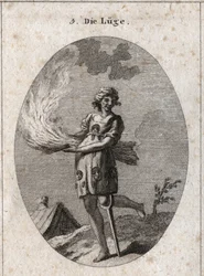 Allegorie der Lüge, dargestellt durch hässliches Aussehen, schlechtes Haar und schlechte Kleidung. Ihre Kleidung ist mit Zungen und Masken gefüllt. Das brennende Stroh illustriert die mangelnde Substanz ihrer Worte und das Holzbein die geringe Festigkeit. 