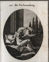 Allegorie der Verleumdung, dargestellt durch eine träge und weiche alte Frau, die auf Kissen sitzt. Der Schleier zeigt, dass sie sich versteckt, ihre Zunge ist gespalten und sie hält ein zweischneidiges Messer. Ihr kleiner Mantel besteht aus Igelhaut, bese