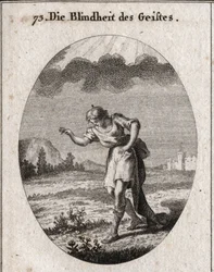 Allegorie der geistigen Blindheit. Ein junger Mann betrachtet die Blumen auf einer Wiese, die auf die Freuden der Erde anspielen, die die Seele erfüllen und sie ohne Nutzen beschäftigen. Eine Wolke verhindert, dass das Licht seinen Geist durchdringt. Gravu