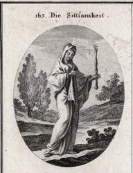 Allegorie der Bescheidenheit. Sie hält ein Zepter, über dem ein Auge ist, das bedeutet, dass Bescheidenheit weitsichtig über sich selbst sein muss. Gravur in „Iconologie oder Ideen aus dem Gebiete der Leidenschaften und Allegorien bildlich dargestellt für 