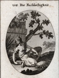 Allegorie der Nachlässigkeit. Sie hält eine Uhr mit einer umgekippten Sanduhr. Die Schildkröte ist das Emblem der Langsamkeit. Gravur in „Iconologie oder Ideen aus dem Gebiete der Leidenschaften und Allegorien bildlich dargestellt für Zeichner, Maler, Dich