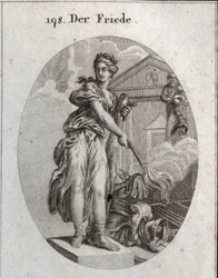 Allegorie des Friedens. Sie trägt einen Kranz aus Olivenbäumen und hält eine Keule, während sie mit einer Fackel eine Trophäe von Waffen verbrennt. Dahinter bedeutet die Statue von Plutus, dass Überfluss und Reichtum ihre Vorteile sind. Gravur in „Iconolog