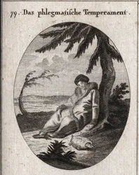 Allegorie des phlegmatischen Temperaments. Die Schildkröte ist das Attribut seiner Langsamkeit. Gravur in „Iconologie oder Ideen aus dem Gebiete der Leidenschaften und Allegorien bildlich dargestellt für Zeichner, Maler, Dichter, Gelehrte, Erzieher und Fre