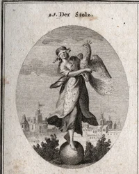 Allegorie des Stolzes, dargestellt von einem jungen Mädchen mit einer Augenbinde, die auf einem Ball sitzt, Symbol ihrer geringen Stabilität. Der Pfau symbolisiert den stolzen Geist. Die reiche Kleidung bedeckt ihre armen Kleider, um das Äußere zu zeigen. 