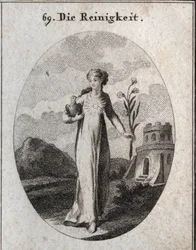 Allegorie der Reinheit. Ihre Attribute sind die Taube und die Lilie, Symbole der Unschuld. Gravur in „Iconologie oder Ideen aus dem Gebiete der Leidenschaften und Allegorien bildlich dargestellt für Zeichner, Maler, Dichter, Gelehrte, Erzieher und Freunde 