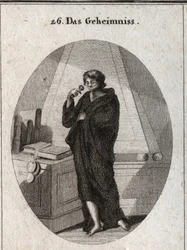 Allegorie des Geheimnisses, in Schwarz gehüllt, um die anvertrauten Geheimnisse im Vergessen zu begraben. Er hat ein Band auf dem Mund, zu dem er ein Siegel hinzufügt. Gravur in „Iconologie oder Ideen aus dem Gebiete der Leidenschaften und Allegorien bildl