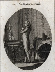 Allegorie der Selbsterkenntnis. Ein junger Mann steht vor einem Spiegel. Gravur in „Iconologie oder Ideen aus dem Gebiete der Leidenschaften und Allegorien bildlich dargestellt für Zeichner, Maler, Dichter, Gelehrte, Erzieher und Freunde Höherer Geschmacks