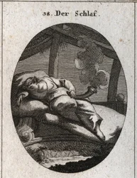 Allegorie des Schlafes auf einem Ebenholzbett, an dem ein Bach vorbeifließt. Er hält einen schwarzen, polierten Kegel, aus dem Dampf aufsteigt, der die Träume versinnbildlicht. Stich in „Iconologie oder Ideen aus dem Gebiete der Leidenschaften und