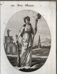 Allegorie der Pracht. Der Knüppel, auf den sie sich stützt, ist das Symbol der Tugenden. Die Kette und die Goldmedaille sind die Belohnung. Die Fackel des Lichts ist das Licht für schöne Taten. Gravur in „Iconologie oder Ideen aus dem Gebiete der Leidensch