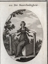 Allegorie der Stabilität, die auf einem Marmorkubus sitzt, mit zwei Lotpflanzen im Boden. Gravur in „Iconologie oder Ideen aus dem Gebiete der Leidenschaften und Allegorien bildlich dargestellt für Zeichner, Maler, Dichter, Gelehrte, Erzieher und Freunde H