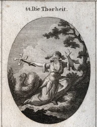 Allegorie der Dummheit, personifiziert durch eine lächerliche Frau, die eine Kartenrolle hält, die sich im Wind dreht und lacht, worüber sie lacht. Gravur in „Iconologie oder Ideen aus dem Gebiete der Leidenschaften und Allegorien bildlich dargestellt für 