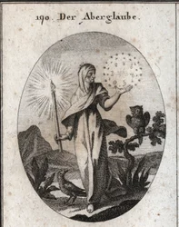 Allegorie des Aberglaubens. Sie hält eine Kerze und einen Kreis von Sternen, der die Zeichen der sieben Planeten umgibt, die sie als ängstlich betrachtet. Ihre Attribute sind die Eule und die Krähe.