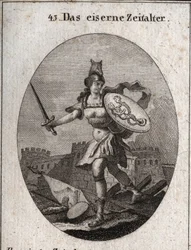 Allegorie des Eisernen Zeitalters, das durch Gewalt, schlechten Glauben und Verrat gekennzeichnet ist. Von wildem Aussehen, ist sie mit einem Helm in Form eines Wolfskopfes bewaffnet, hält ein Schwert und einen Schild, auf dem Betrug und Laster dargestellt