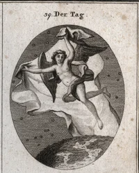 Allegorie des Tages, der schnell fliegt und die Nacht und die Sterne mit einem hellen großen Schleier verbirgt. Gravur in „Iconologie oder Ideen aus dem Gebiete der Leidenschaften und Allegorien bildlich dargestellt für Zeichner, Maler, Dichter, Gelehrte, 