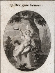 Allegorie des günstigen Genius in Gestalt eines geflügelten Kindes mit einer kleinen Flamme auf dem Kopf, das im Schatten einer Platane auf einem Altar sitzt. Das Füllhorn bedeutet, dass er die Menschen mit seinen Gunstbeweisen erfüllt. Der Vater ist ein