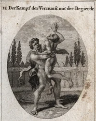 Allegorie des Kampfes zwischen Vernunft und Appetit. Der irdische und fleischliche Appetit wird durch Ante dargestellt und Herkules (Herakles) symbolisiert Vernunft, Stärke und Mut, die Ante wegnehmen und ersticken. Gravur in „Iconologie oder Ideen aus dem