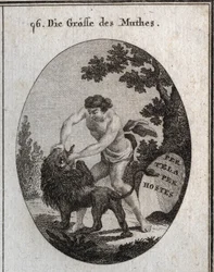 Allegorie der Größe des Mutes, dargestellt durch einen robusten Mann, der das Maul eines Löwen öffnet, um ihm die Zunge herauszureißen. Sein Attribut ist ein Schild, auf dem „Per tela, per hostes“ (Durch Waffen, durch den Feind) steht. Gravur in „Iconologi