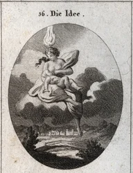 Allegorie der Idee, dargestellt mit einer Flamme auf dem Kopf und einem goldenen Kreis auf der Stirn, die ein Kind stillt. Gravur in "Iconologie oder Ideen aus dem Gebiete der Leidenschaften und Allegorien bildlich dargestellt für Zeichner, Maler, Dichter,