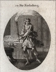 Allegorie der Einladung als junger Mann mit lachendem Gesicht, der zu einem mit Gerichten bedeckten Tisch einlädt. Die Fackel, die er hält, ist das Attribut von Comus, dem Gott der Feste und Nachtpartys. Gravur in „Iconologie oder Ideen aus dem Gebiete der