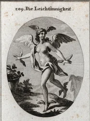 Allegorie des Lichts. Sie hat Flügel an Kopf, Schultern, Füßen und Händen. Gravur in „Iconologie oder Ideen aus dem Gebiete der Leidenschaften und Allegorien bildlich dargestellt für Zeichner, Maler, Dichter, Gelehrte, Erzieher und Freunde Höherer Geschmac