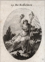 Allegorie der Loyalität (oder Aufrichtigkeit), die eine Maske fortwirft, das Attribut von Verstellung und Lüge. Ihr Emblem ist eine Kristalllaterne als Symbol des Blitzes. Auf ihrer Brust ist ein Herz dargestellt. Kupferstich in „Iconologie oder Ideen aus