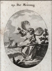 Allegorie der Meinung, dargestellt beim Lesen eines Buches, aus dem sie ihre Behauptungen zu stützen scheint. Schmetterlingsflügel an Schultern und Handgelenken kennzeichnen die Unbeständigkeit der Menschen in ihren Ansichten. Tief im Hintergrund wird ein