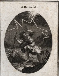 Allegorie der Gefahr, dargestellt durch einen jungen Mann, der einem schnellen Strom entkommt, indem er auf eine Schlange tritt, die ihn sticht, während gleichzeitig ein Blitz hinter ihm einschlägt. Gravur in „Iconologie oder Ideen aus dem Gebiete der Leid