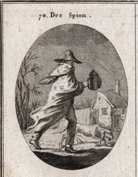Allegorie des Spions. Sein Mantel ist mit Augen und Ohren übersät und hält eine taube Laterne. Ein Brackhund schnüffelt das Gelände. Gravur in „Iconologie oder Ideen aus dem Gebiete der Leidenschaften und Allegorien bildlich dargestellt für Zeichner, Maler