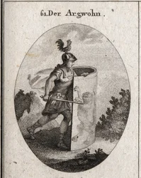 Allegorie des Verdachts, versteckt hinter einem Schild, auf dem ein Löwe steht, Symbol des Verdachts nach Aristoteles, und ein Hahn auf dem Helm, der Wachsamkeit darstellt. Gravur in "Iconologie oder Ideen aus dem Gebiete der Leidenschaften und Allegorien 