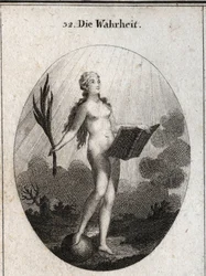 Allegorie der Wahrheit, nackt und ohne Kunstgriffe, schaut sie in das Licht der Sonne. Die Palme symbolisiert den Triumph über Betrug und das Buch steht für das Studium. Gravur in „Iconologie oder Ideen aus dem Gebiete der Leidenschaften und Allegorien bil