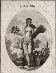Allegorie des Jahres, umgeben von Symbolen der vier Jahreszeiten (Blumenkranz für den Frühling, Weizenkranz für den Sommer, Korb mit Trauben für den Herbst und Vase mit Feuer für den Winter). Das Jahr ist halb entkleidet in Bezug auf die Grade von Hitze un