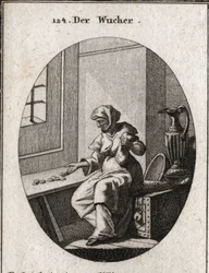 Allegorie des Reichtums, die auf einem Safe sitzt und Münzen zählt. Weitere Reichtümer sind in ihrer Nähe für größere Sicherheit. Gravur in „Iconologie oder Ideen aus dem Gebiete der Leidenschaften und Allegorien bildlich dargestellt für Zeichner, Maler, D