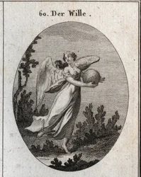 Allegorie des Willens. Sie ist geflügelt dargestellt und hält eine Kugel in verschiedenen Farben. Gravur in „Iconologie oder Ideen aus dem Gebiete der Leidenschaften und Allegorien bildlich dargestellt für Zeichner, Maler, Dichter, Gelehrte, Erzieher und F
